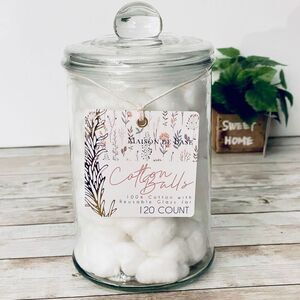 NWT Maison de Base Gorgeous Large Clear Glass Jar w/suction Lid 120 Cotton Balls